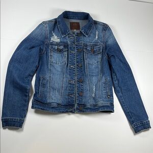 Enjean Distressed Blue Denim Jacket Pockets Inside and Out. Sz S